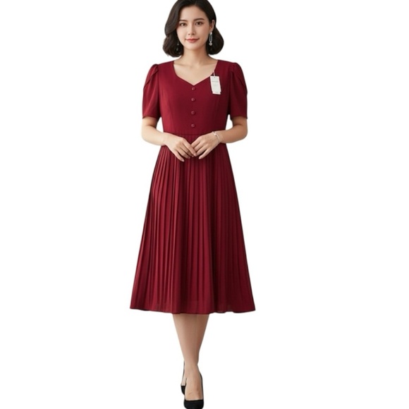 Dresses & Skirts - Burgundy Red Pleated Midi Dress Flutter Sleeves